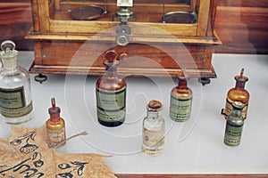 Old French medical bottles. 6 February. 2019. Istanbul, Turkey