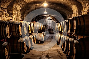 Old french oak wooden barrels in underground cellars for wine aging process, Vintage Barrels and Casks in Old Cellar