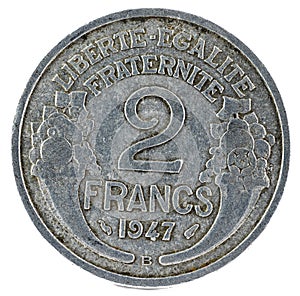 Old 1947 French two Francs coin isolated on the white background