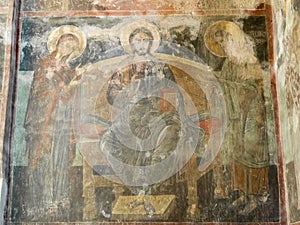 Old fresco wall dating from 16th century inside Gremi monastery, church of Archangels in Kakheti region, Georgia.