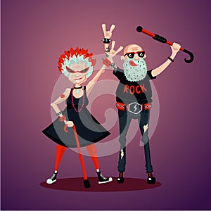 Old friedns. Senior adult couple. Rock fans. Humor illustration, cartoon characters