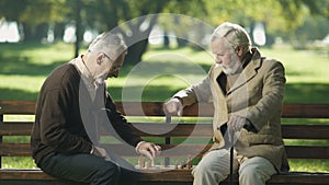 Old friends sitting on bench in park and playing chess, happy leisure time