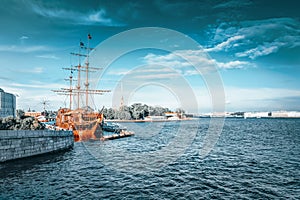 Old frigate in moorage St.Petersburg, Russia