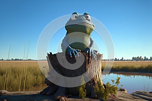 Old frog sitting on a tree stump. Generative AI