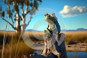 Old frog sitting on a tree stump. Generative AI