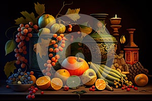 Old Fruits and Food As Abstract Vanitas Wallpaper Background AI Generative