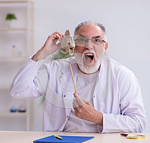 Old funny male zoology teacher demonstrating fish skeleton