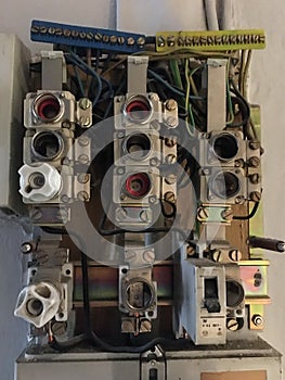 Old Fuse Box with sockets for screw fuses with cover removed. Still common in old buildings in Germany