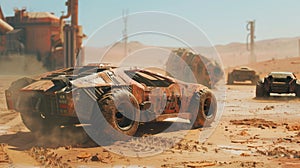 Old futuristic cars race at post apocalypses, vintage iron rusty vehicles drive on desert like fantasy movie. Concept of dystopia