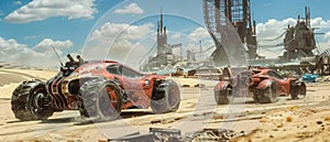 Old futuristic cars race at post apocalypses, vintage iron vehicles drive on desert like fantasy movie. Concept of dystopia, sport