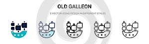 Old galleon icon in filled, thin line, outline and stroke style. Vector illustration of two colored and black old galleon vector