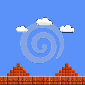 Old Game Background. Classic Arcade Design with Clouds and Brick