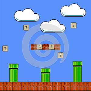 Old Game Background. Classic Arcade Design with Pipe and Brick photo