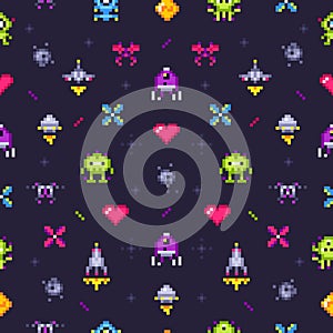 Old games seamless pattern. Retro gaming, pixels video game and pixel art arcade vector background illustration