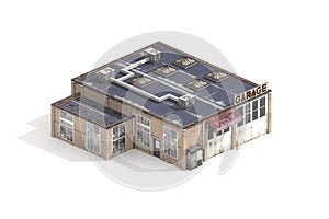 Old Garage Building in Isometric on White background.