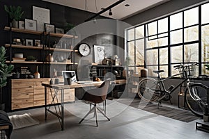 old garage, converted into stylish and functional home office with sleek furnishings and modern decor