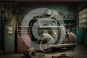 an old garage with a vintage car, tools, and other artifacts from the past.