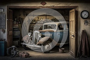 an old garage with a vintage car, tools, and other memorabilia preserved in its original state.