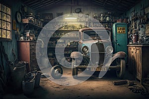 an old garage with a vintage car, tools, and other vintage items