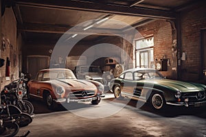 old garage with vintage cars, including an old classic and a sports car