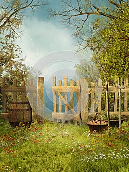 Old garden with a wooden fence
