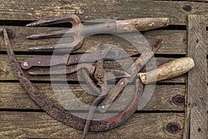 Old gardening tool on a rustic table