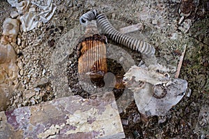 Old gas masks in abandoned school in Pripyat city in Chernobyl Exclusion Zone, Ukraine