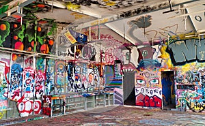 Graffiti Covers the Remains of an Abandoned Gas Station along old Route 66