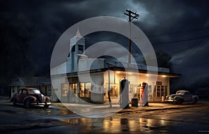 Old gas station illuminated by street lights at night. AI-generated.