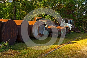 Old gas tank and motor car used do in ore mine