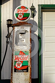 The old gasoline pump contains Sky Chief gasoline by Texaco.