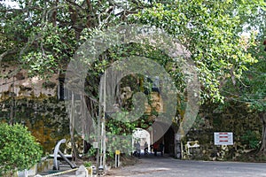 Old gate of the Galle Fort, Sri Lanka, with the British Coat of Arms and motto `Dieu Et Mon Droit` clearly visible.