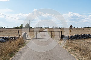 Gate by a country road in a dry grassland