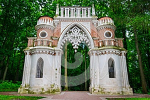 The old gate of Tsaritsyno Palace and public park in Moscow, Russia.