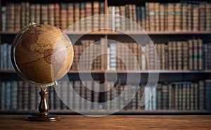 Old geographic globe in the cabinet against the background of bookselfs.Science, education, travel, vintage background. History