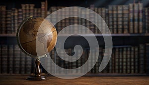 Old geographic globe in the cabinet against the background of bookselfs.Science, education, travel, vintage background. History