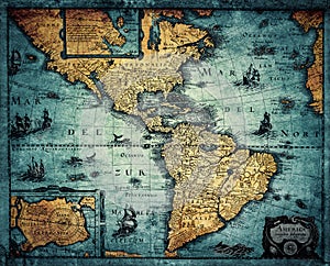 Old geographic map of South and North America. Concept on the theme of travel, adventure, geography, discovery, history. Pirate