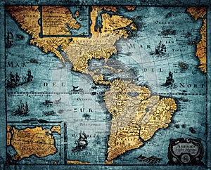 Old geographic map of South and North America. Concept on the theme of travel, adventure, geography, discovery, history. Pirate