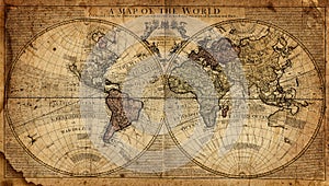 Old geographical map of the world of the 18th century. A good background for design on the theme of travel, geography, history,