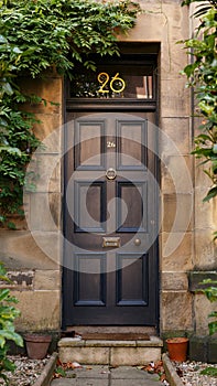 Old Georgian stone townhouse door with fanlight window above door