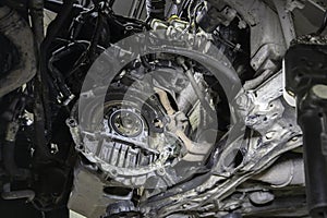 old German car engine bay with dismounted gearbox, view from below