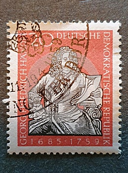 old German stamp from 1959 with the image of the musician Georg Friedrich Handel