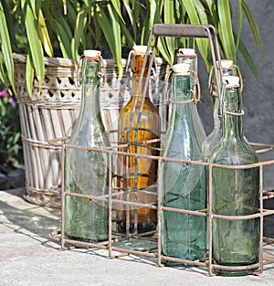 Old glass bottles on doorstep