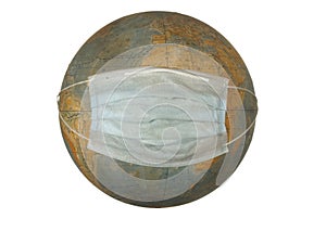 Ð¾ld globe of the Earth with a protective mask isolated on a white background
