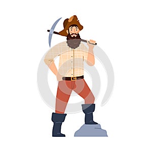 Old gold digger cartoon character with pickaxe flat vector illustration isolated.