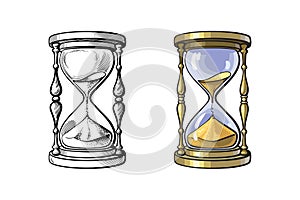 Old gold hourglass. Time concept. Ancient appliance for time measurement. Black and white and color variants. Vector