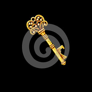 Old gold key isolated on black background with clipping path