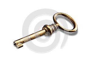 Old gold key on white