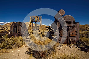 Old gold mine machines and tools abandoned in Bodie Ghost Town