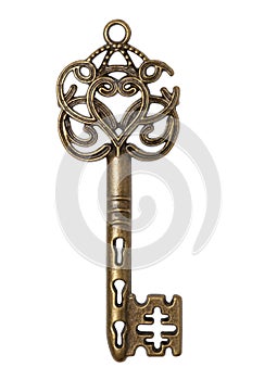 Old gold skeleton key isolated on white background.